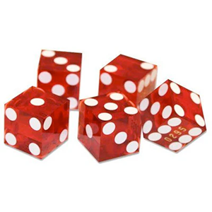 Five red, transluscent dice